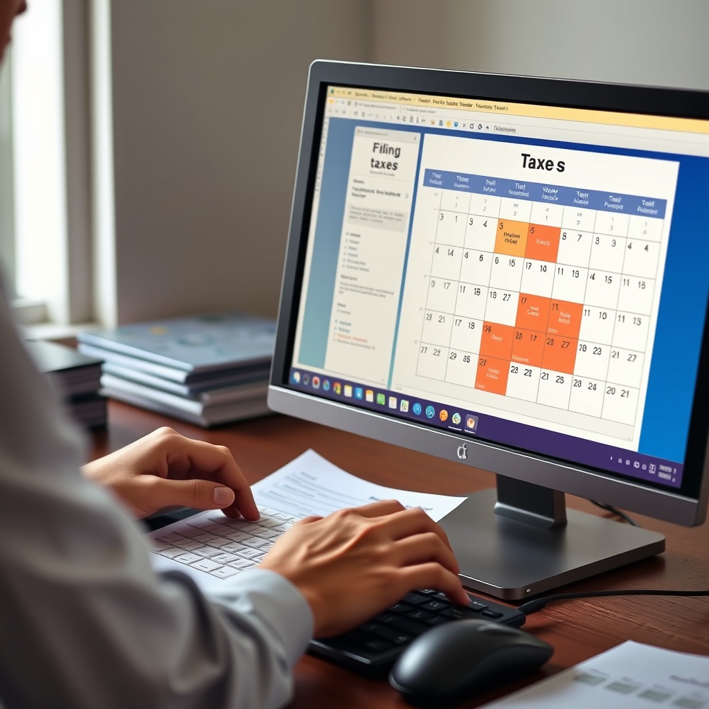 Professional stock photo of a person filing taxes electronically on a computer, with BIR forms visible on screen and a calendar highlighting deadlines, representing tax reporting procedures.