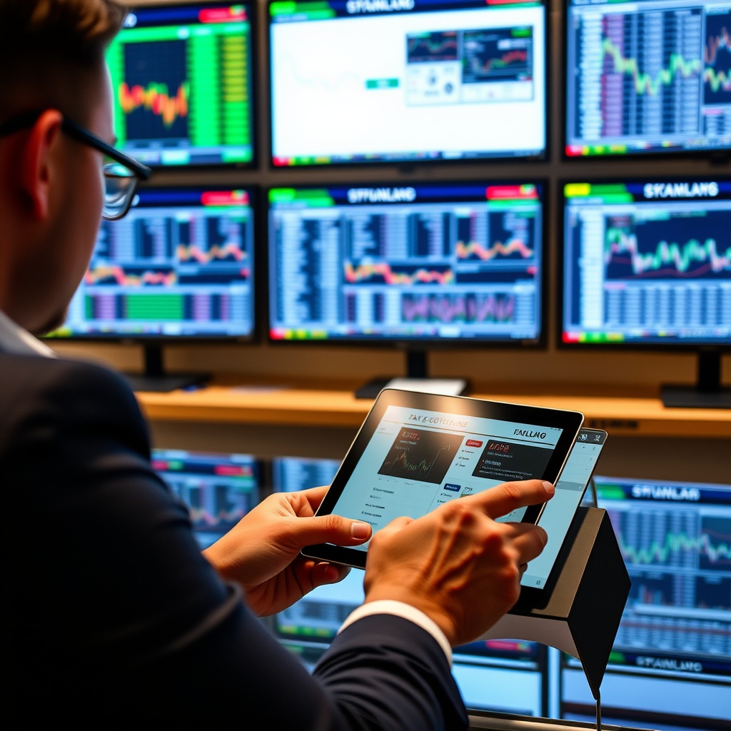 Professional stock photo of a person using tax software on a tablet, with multiple exchange dashboards and portfolio trackers displayed on monitors in the background.