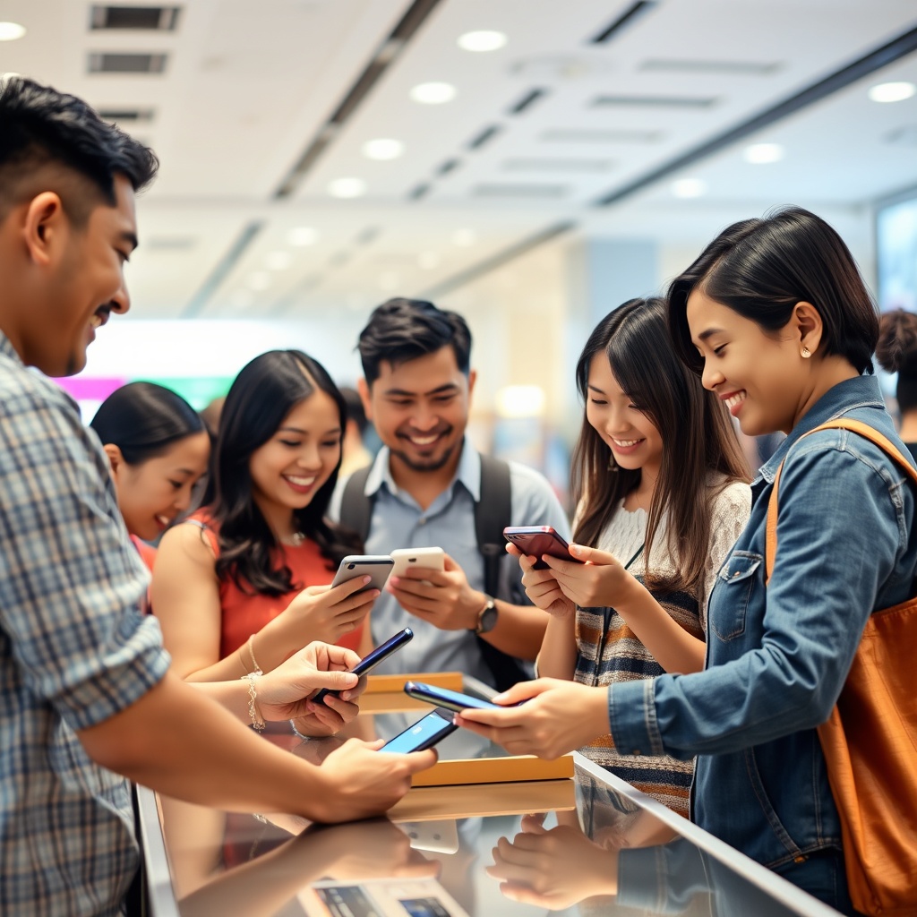 Professional stock photo of a diverse group of Filipino consumers in a modern retail setting, smiling and using smartphones to scan QR codes at a checkout counter, with a clean, well-lit background and a focus on seamless digital payment interaction.