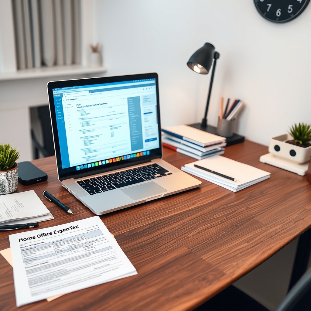 Professional stock photo of a modern home office setup with a laptop, organized desk, and tax documents, representing deductible business expenses and home office rules for freelancers.