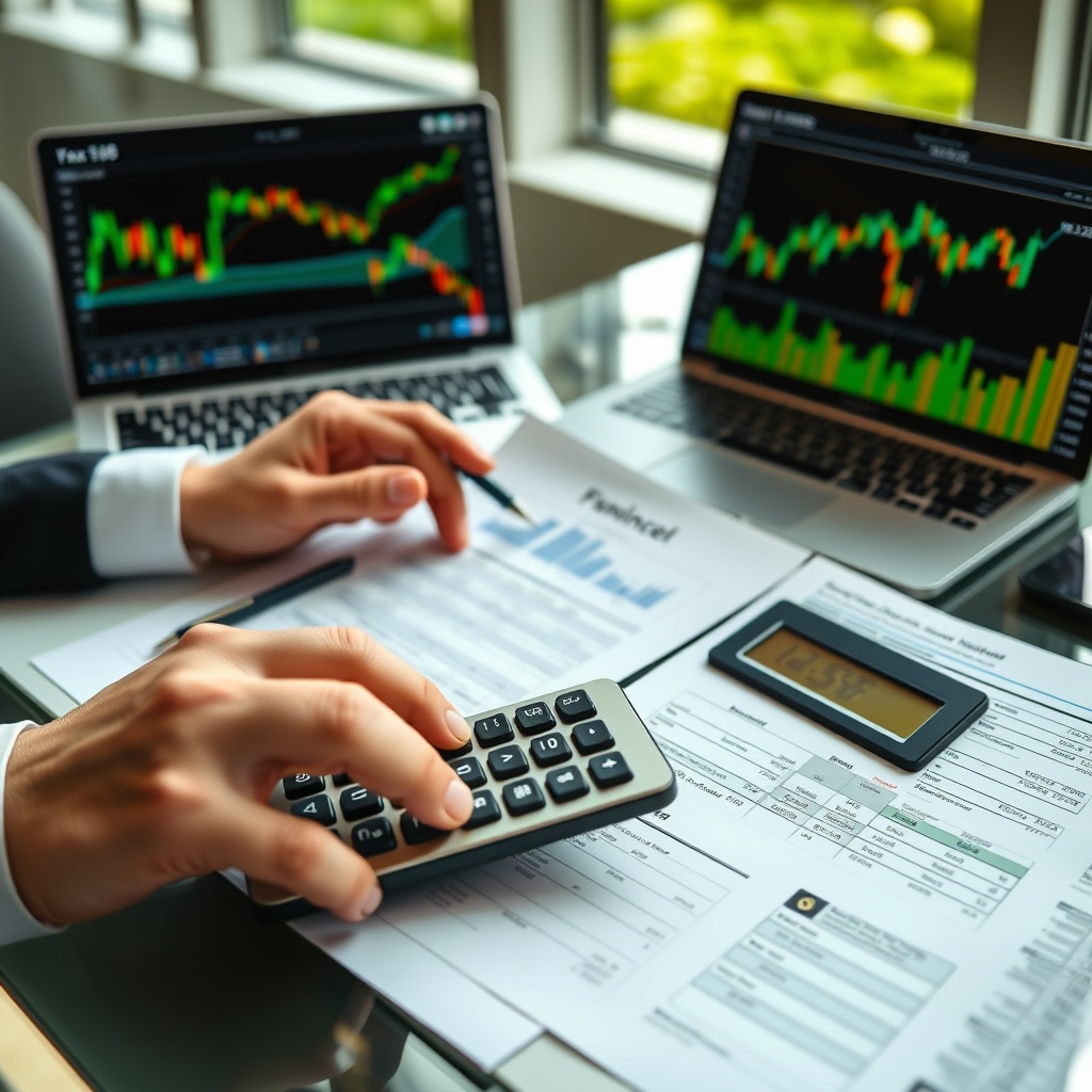 Professional stock photo of a person using a calculator and financial documents on a modern desk, with a laptop displaying cryptocurrency charts in the background, representing tax calculation and financial planning.