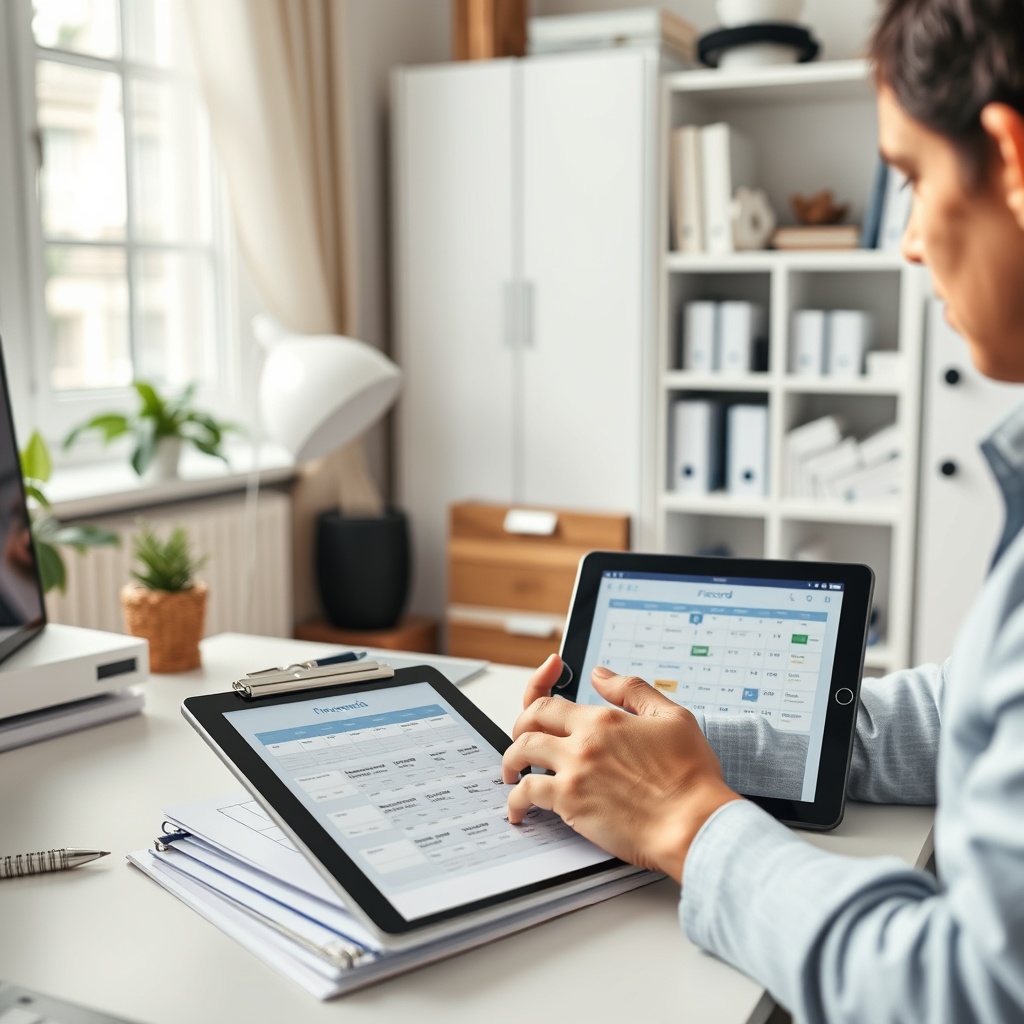 Professional stock photo of a person organizing financial documents and records in a home office setting, with a tablet showing a calendar and a clean, organized workspace, symbolizing loss management and documentation.