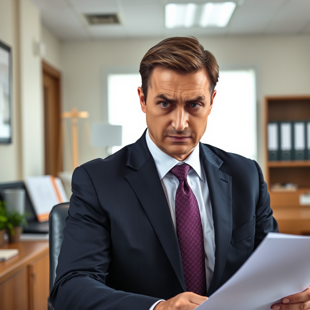 Professional stock photo of a serious business person in a formal office environment looking concerned while reviewing official documents, with a subtle gavel or legal symbol in the background, representing penalties and legal consequences.