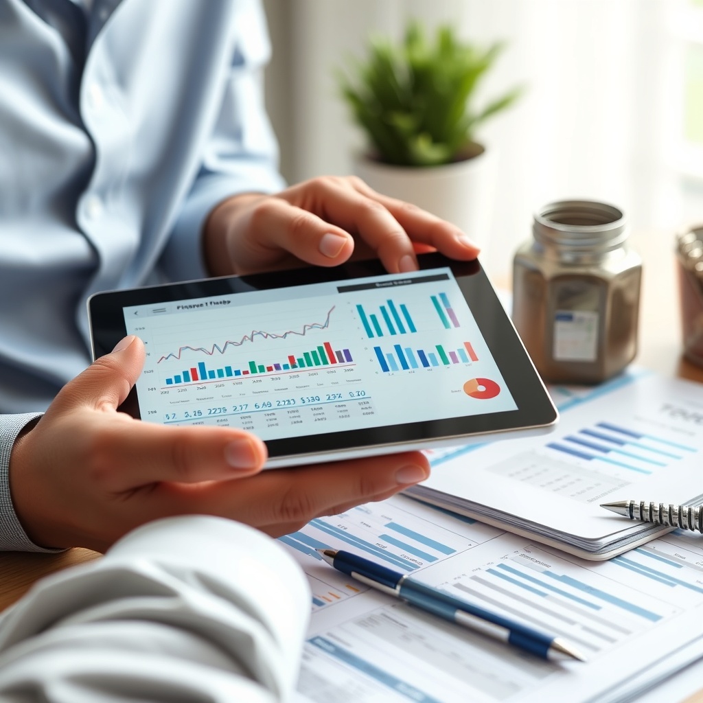 Professional stock photo of a person reviewing financial charts and documents on a tablet, symbolizing advanced tax planning and optimization strategies for freelancers.