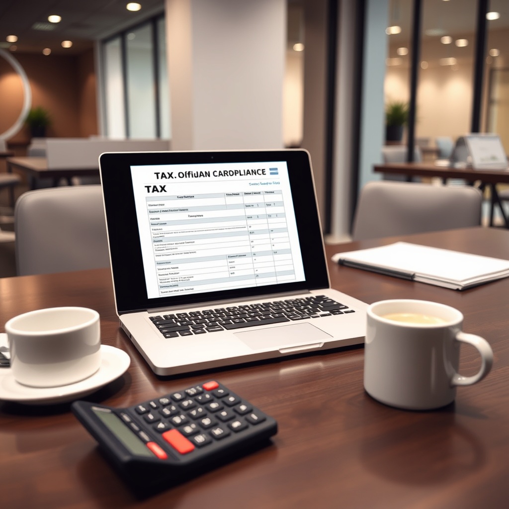 Professional stock photo of a modern office workspace with a laptop displaying a digital tax form, a calculator, and a coffee cup, representing corporate tax compliance for business owners.