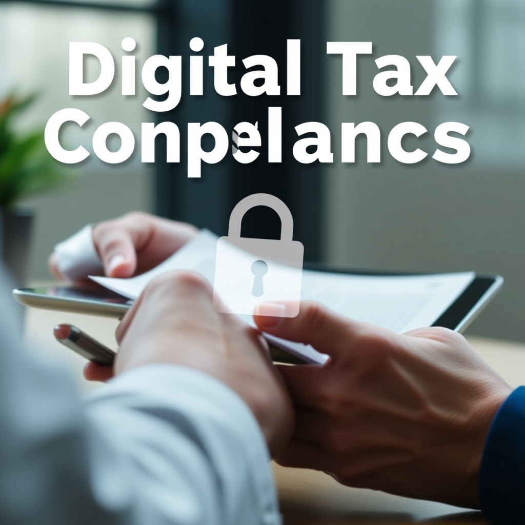 Professional stock photo of a person reviewing digital tax documents on a tablet with a secure lock icon overlay, symbolizing digital tax compliance and reporting obligations.