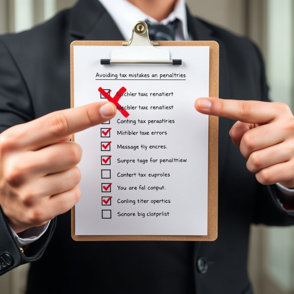 Professional stock photo of a businessperson pointing at a checklist on a clipboard with a red 'X' marking a common error, representing avoiding tax mistakes and penalties.