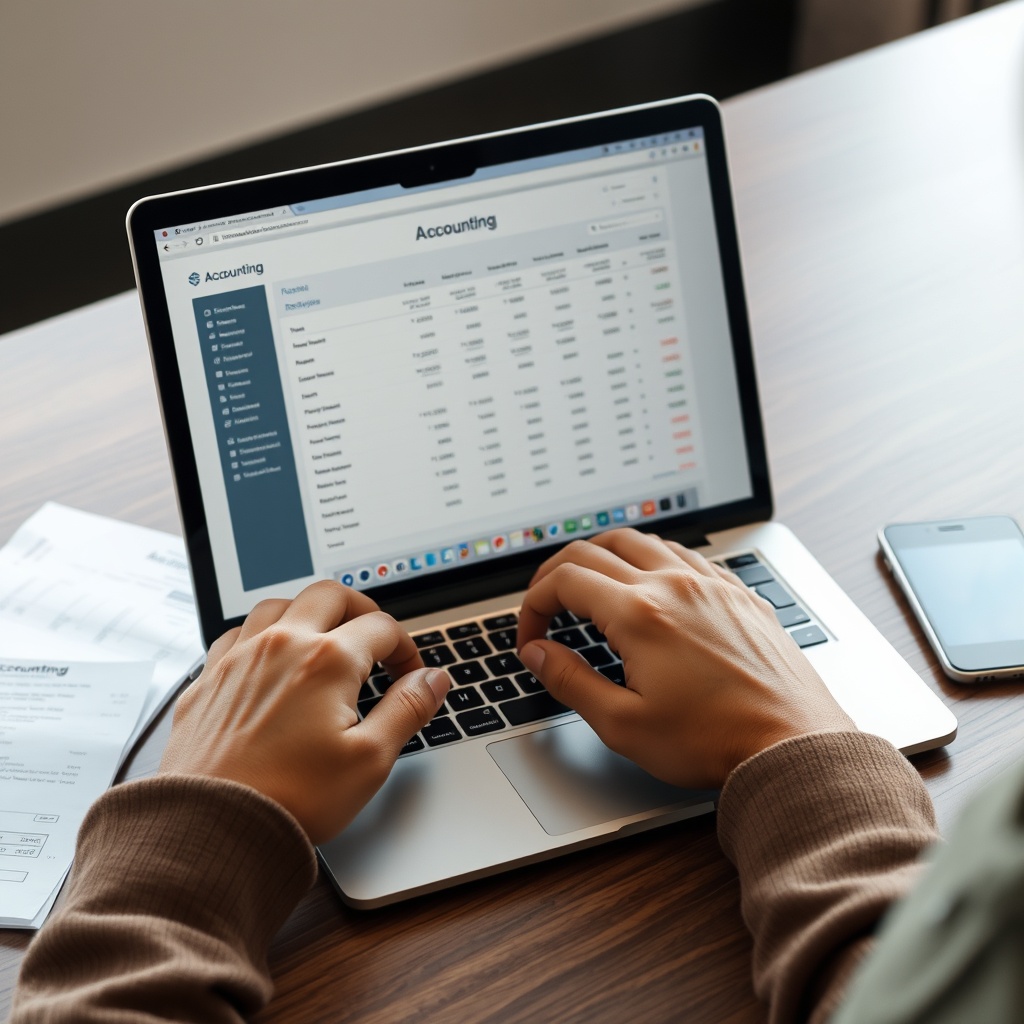 Professional stock photo of a freelancer using accounting software on a laptop with digital receipts and a calculator nearby, illustrating digital tools for tax management.
