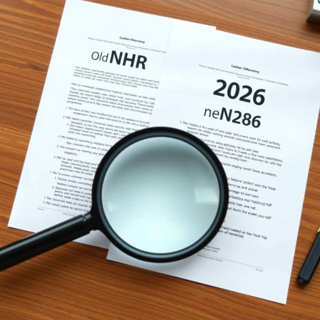 Professional stock photo of two side-by-side documents on a wooden desk, one labeled 'Old NHR' and the other 'New 2026 NHR', with a magnifying glass highlighting differences, symbolizing comparison.