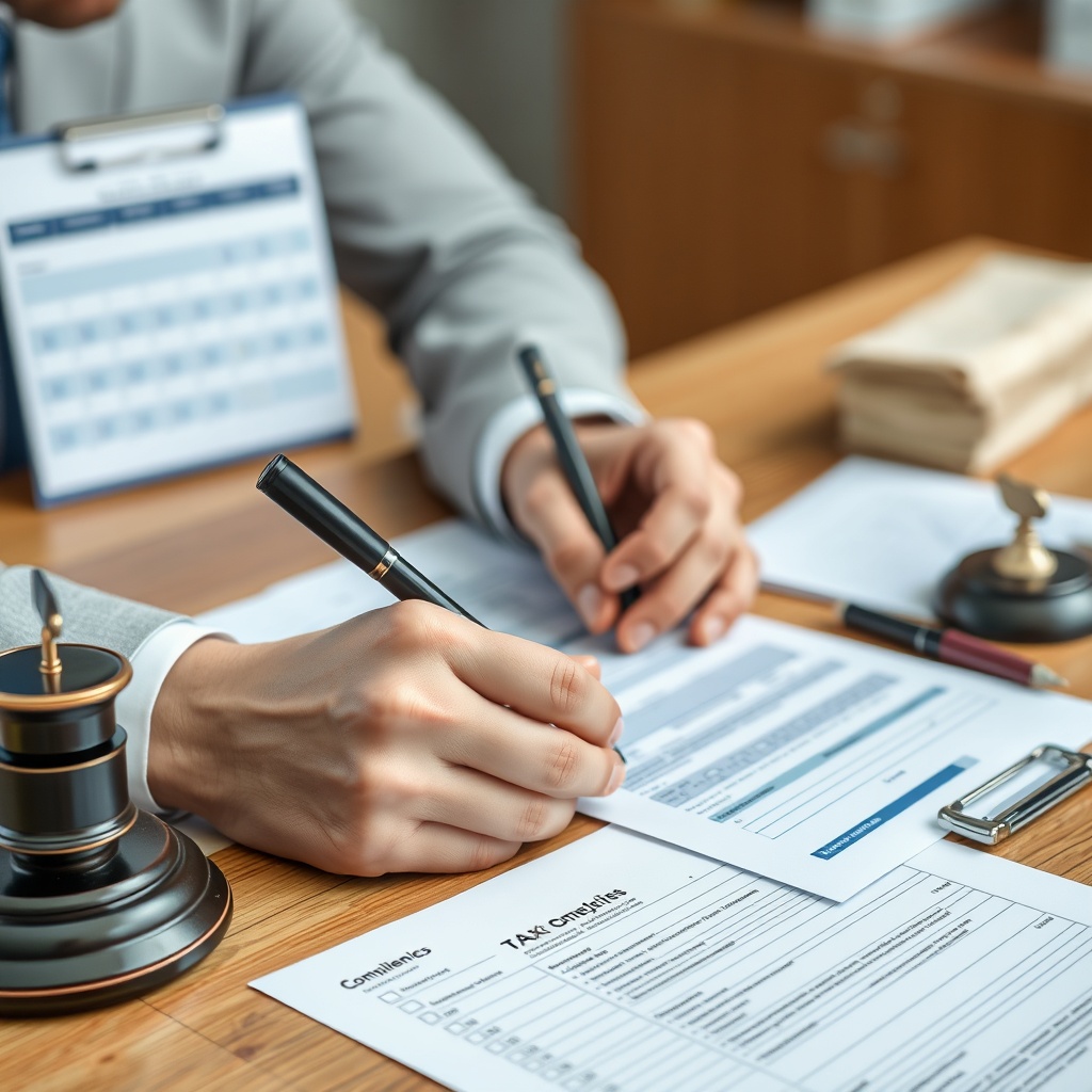 Professional stock photo of a person signing official tax documents at a desk, with a calendar and compliance checklist visible, representing legal and compliance obligations.