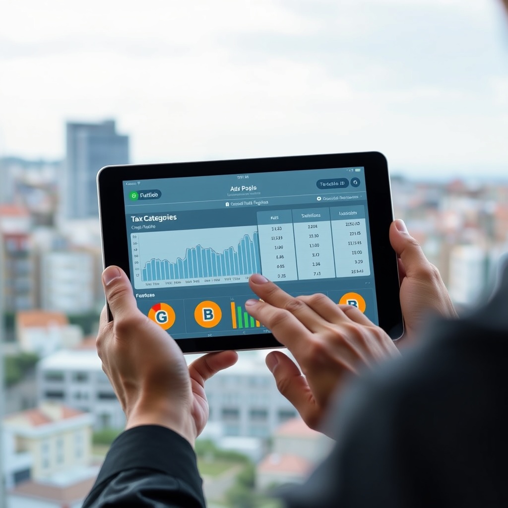 Professional stock photo of a person analyzing a digital tablet showing cryptocurrency charts and tax categories G, E, B, with a modern Portuguese cityscape in the background, focusing on classification of activities.