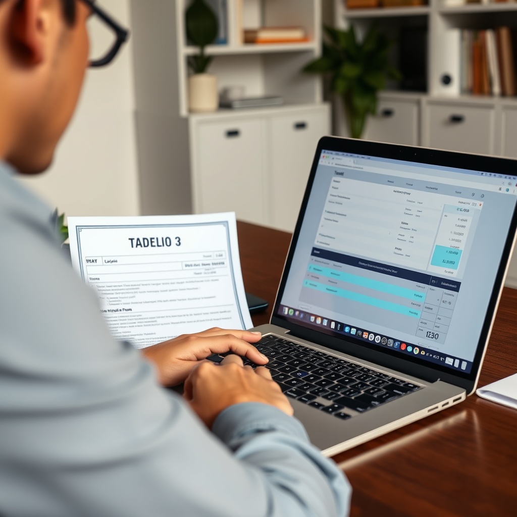 Professional stock photo of a person using a laptop with crypto tax software interface open next to Portuguese tax form Modelo 3, in a clean, organized home office setting.
