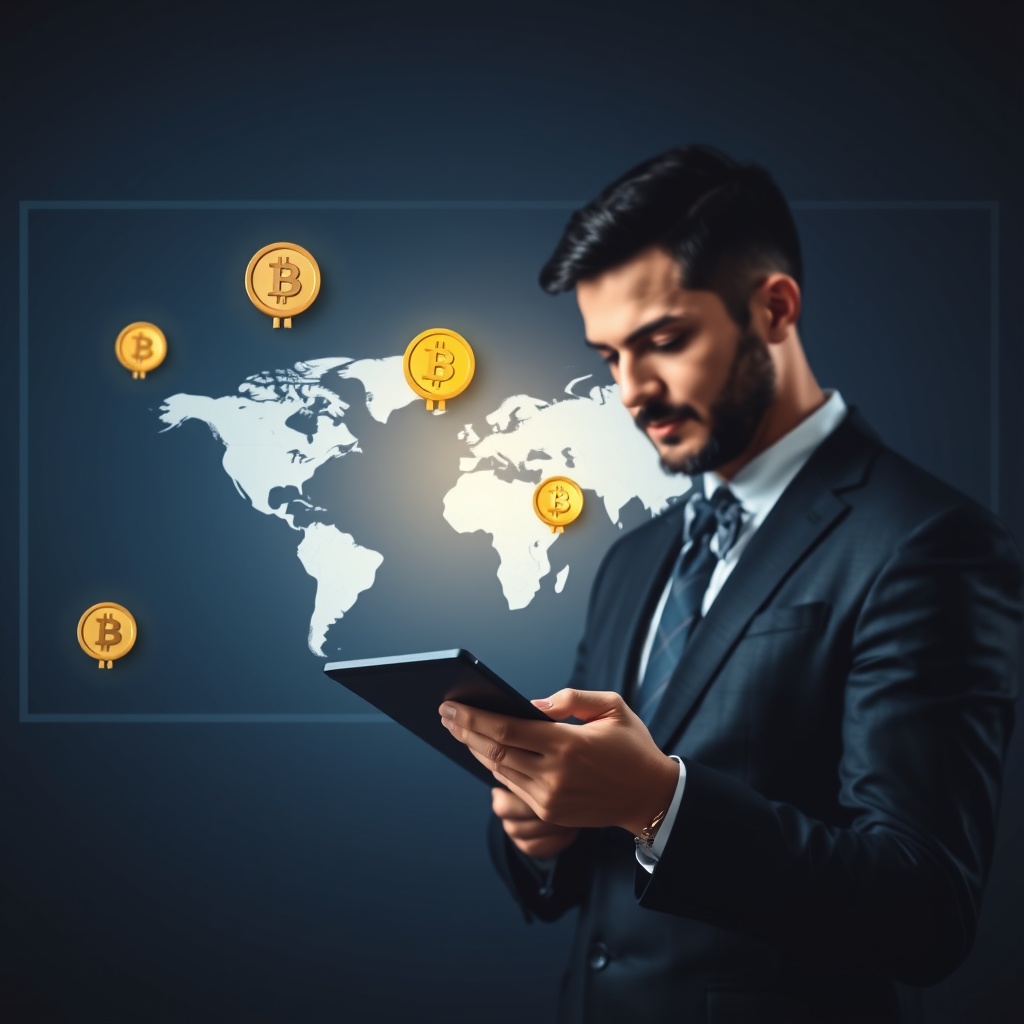 Professional stock photo of a person strategically planning with a world map and cryptocurrency symbols, representing advanced tax planning in a sophisticated European context.
