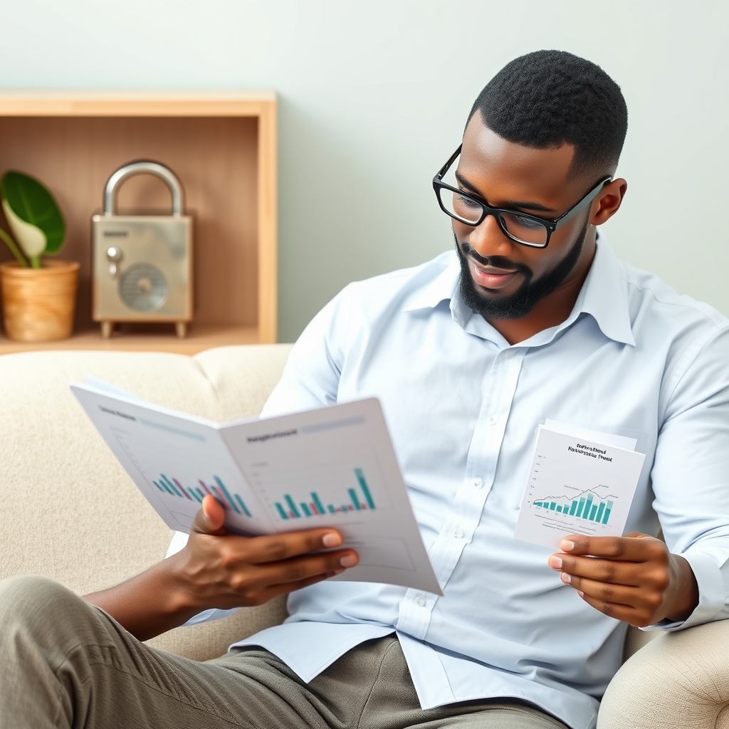 Professional stock photo of a Liberian freelancer reviewing retirement fund documents and investment charts on a tablet, with a secure lockbox symbolizing financial security in background.