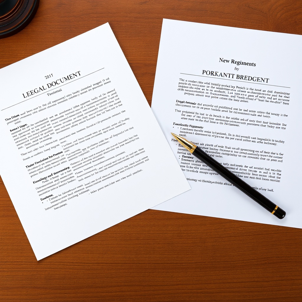 Professional stock photo of two contrasting legal documents side by side on a wooden desk, with a pen pointing to one, symbolizing a comparison of old and new regimes.
