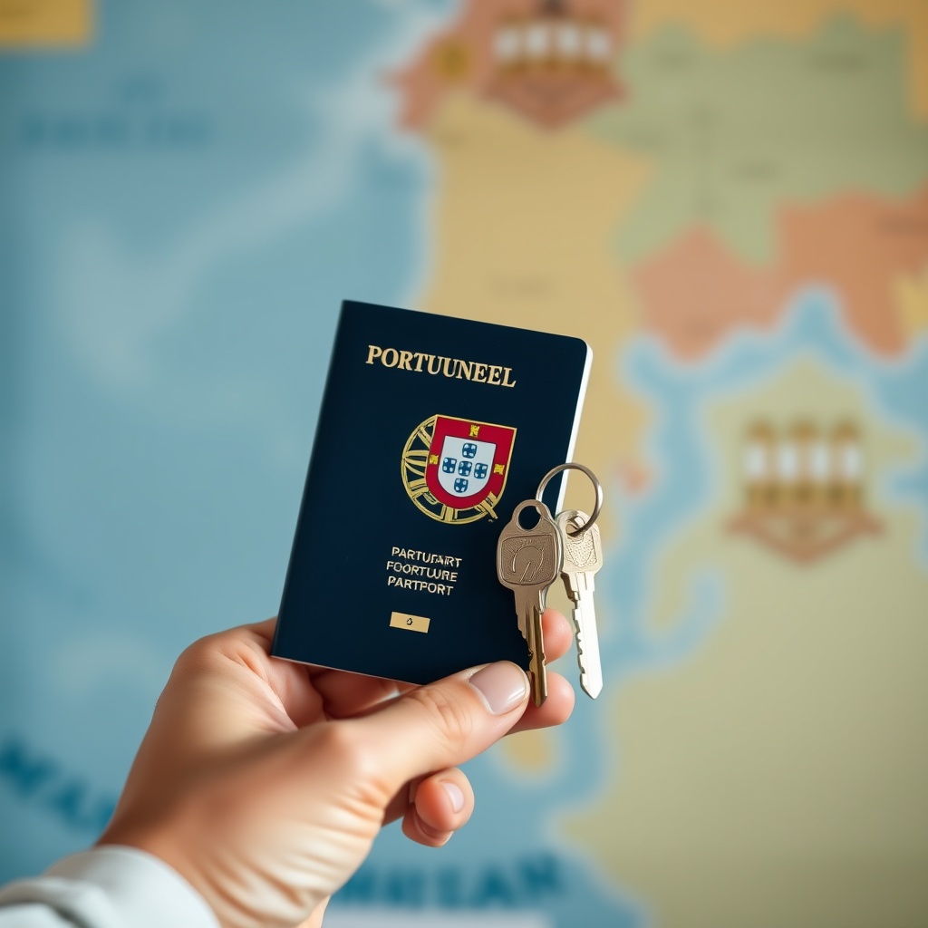 Professional stock photo of a person's hands holding a Portuguese passport and a set of house keys, with a map of Portugal in soft focus on the background.