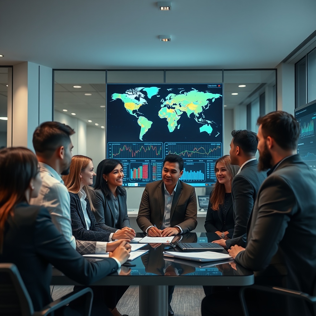 Professional stock photo of a diverse team in a modern office discussing international business, with a world map and digital screens showing global financial data.