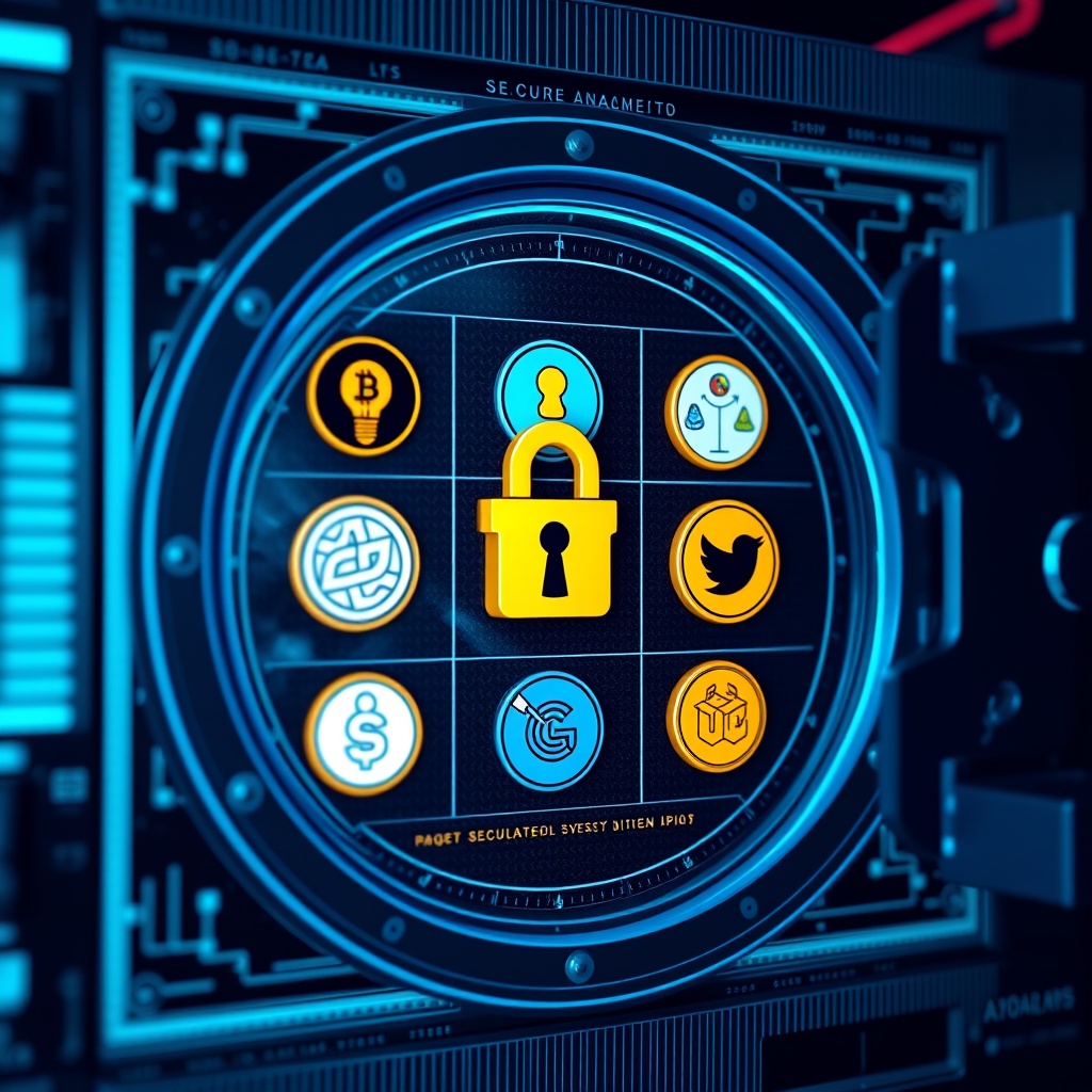 Professional stock photo of a secure digital vault interface displaying various token icons, representing regulated digital assets and security tokens.