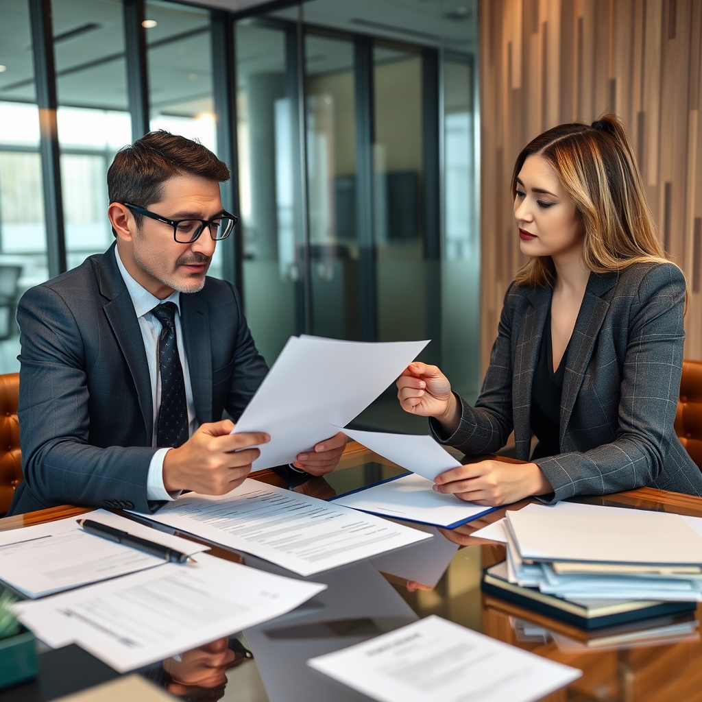 Professional stock photo of a tax auditor reviewing documents with a business executive in a corporate office setting, organized paperwork on table, serious professional discussion atmosphere, no text.