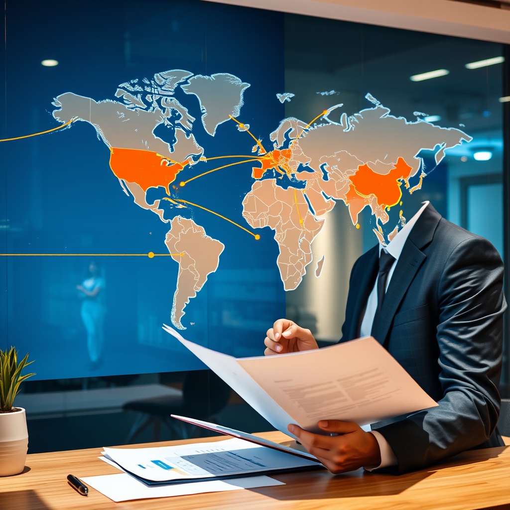 Professional stock photo of a world map with highlighted international connections and a businessperson analyzing cross-border financial documents, modern office setting, high-quality commercial style.