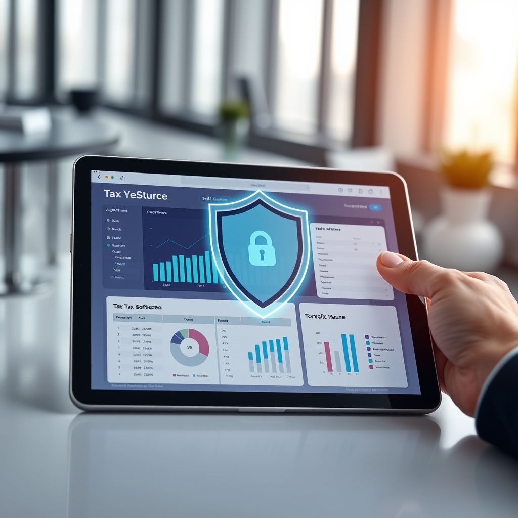 Professional stock photo of a secure digital tablet displaying tax software and analytics dashboard, with cybersecurity shield icon overlay, sleek office environment, high-quality commercial style.
