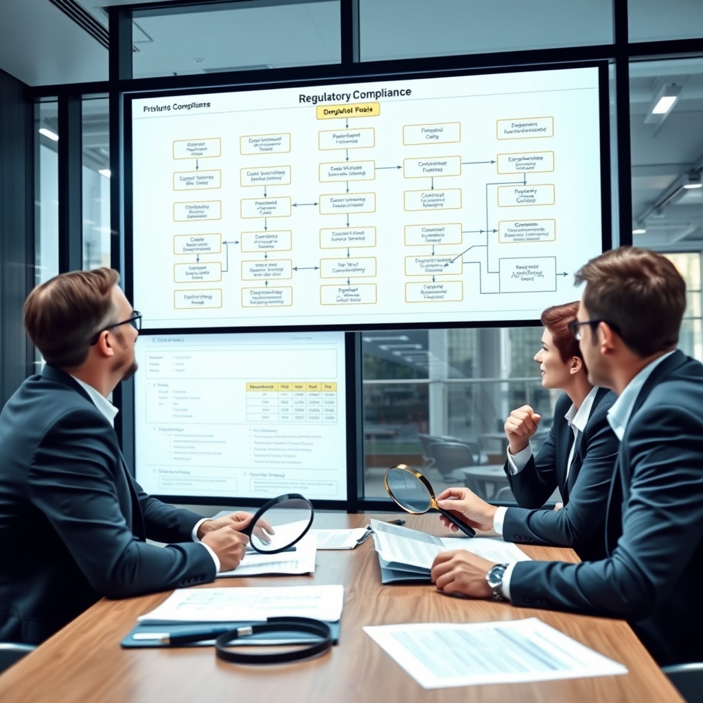 Professional stock photo of a business team analyzing a complex regulatory compliance flowchart on a large digital screen in a modern office, with magnifying glasses highlighting gaps and strategic planning documents on the table.