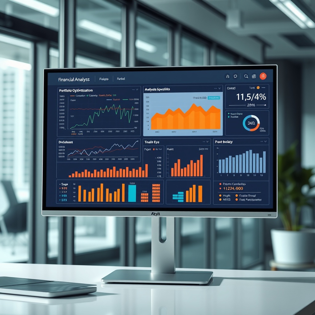 A professional stock photo of a sophisticated financial analysis dashboard on a sleek monitor, displaying charts of underwriting cycles, pricing trends, and portfolio optimization metrics, with a focus on disciplined strategy in a modern office setting.