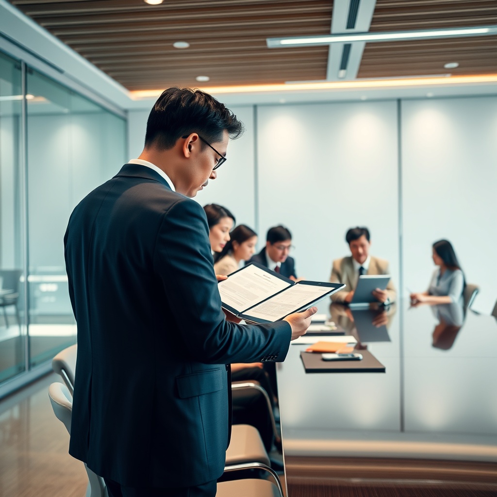 A professional stock photo of a global regulatory compliance meeting in a contemporary Asian boardroom, with diverse professionals reviewing documents on tablets, symbolizing cross-border supervision and capital adequacy in a sleek, professional environment.