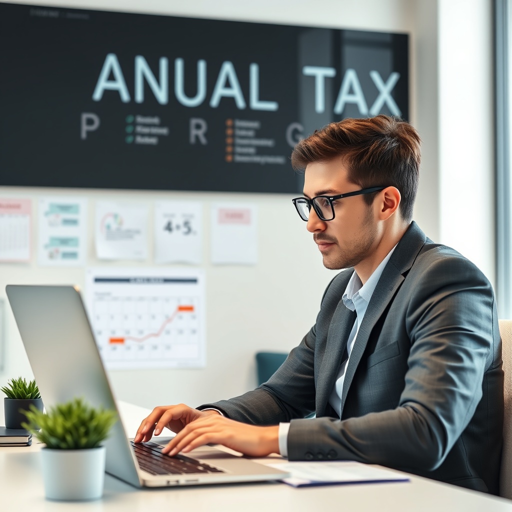Professional stock photo of a person filing an annual tax return online, with a calendar showing deadlines and a focused expression, in a clean office environment.