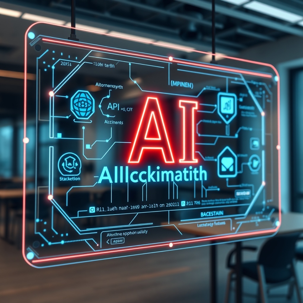 Professional stock photo of a futuristic digital interface displaying AI algorithms, blockchain networks, and API connections on a glowing screen, with a modern office background in Bucharest, Romania.