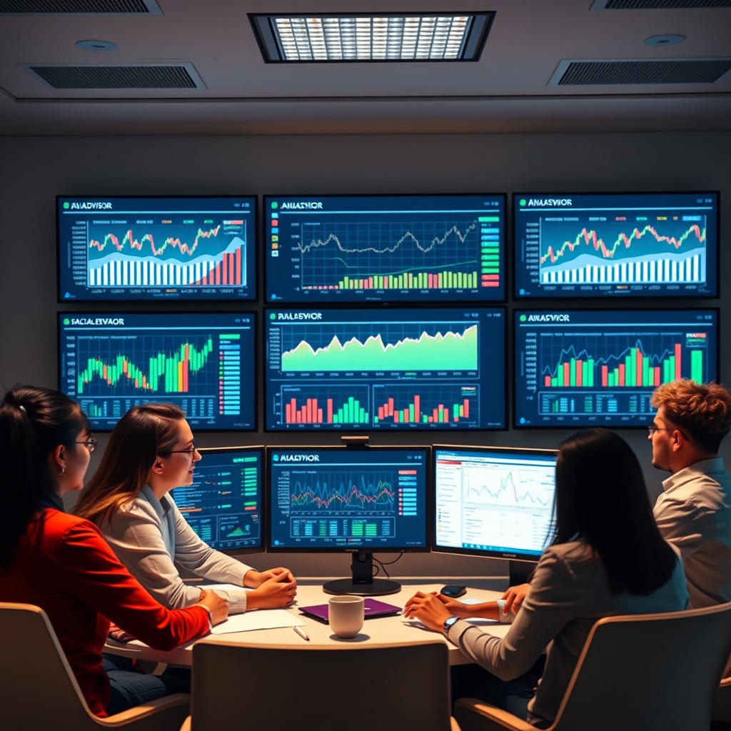 Professional stock photo of a diverse team of financial professionals collaborating around a digital dashboard showing robo-advisor analytics, social trading graphs, and investment portfolios on multiple screens.