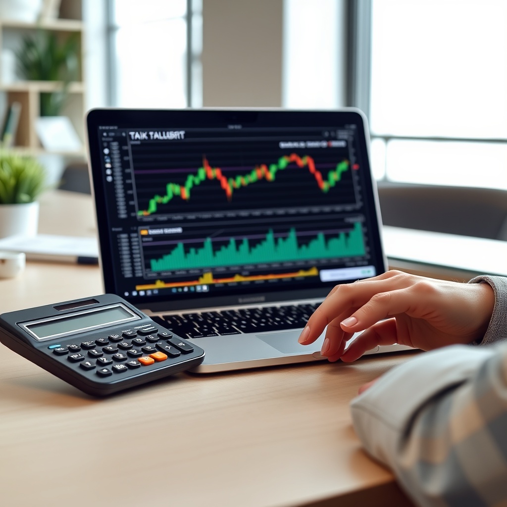 Professional stock photo of a person using a calculator and laptop with cryptocurrency charts on screen, focused on tax calculation, in a modern office setting.