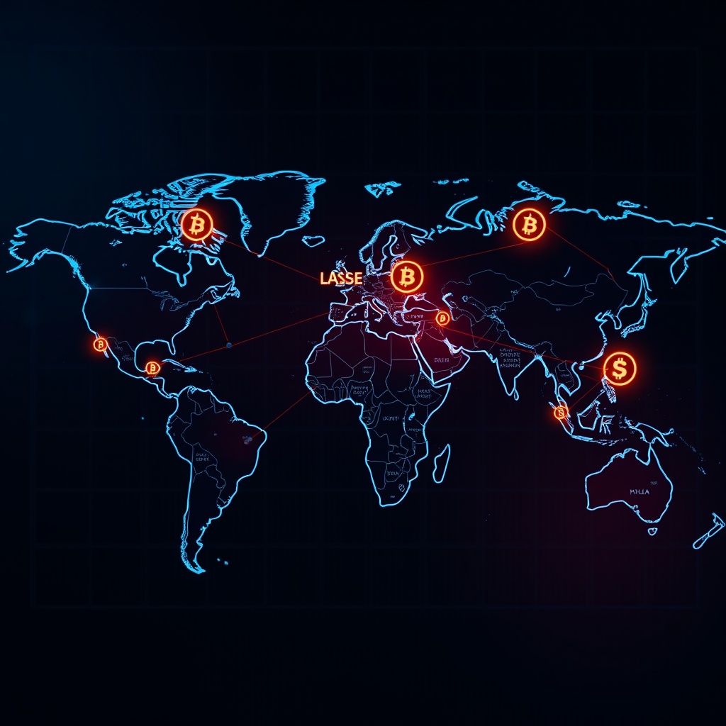 Professional stock photo of a global map with digital connections and cryptocurrency icons, representing international tax treaties and cross-border considerations.