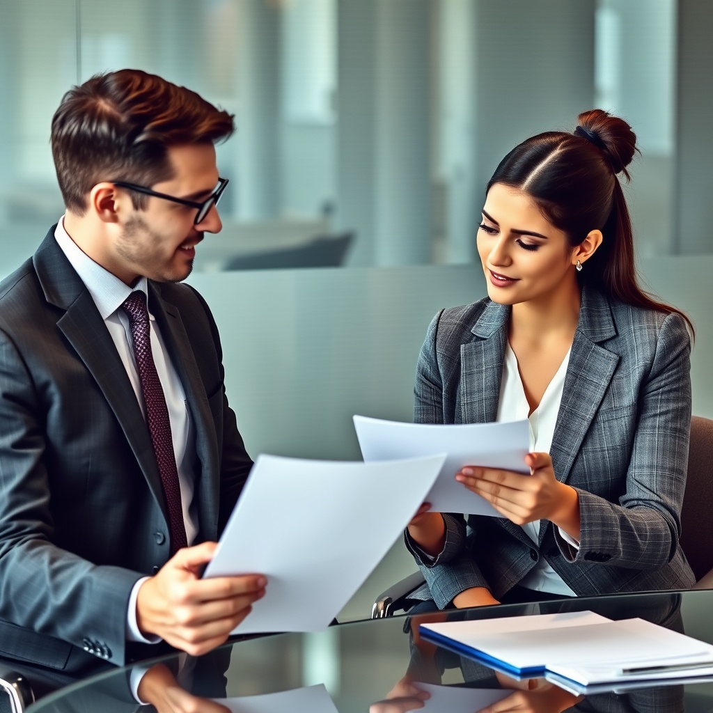Professional stock photo of a businessperson in a suit reviewing documents with a tax advisor, in a professional consultation setting.