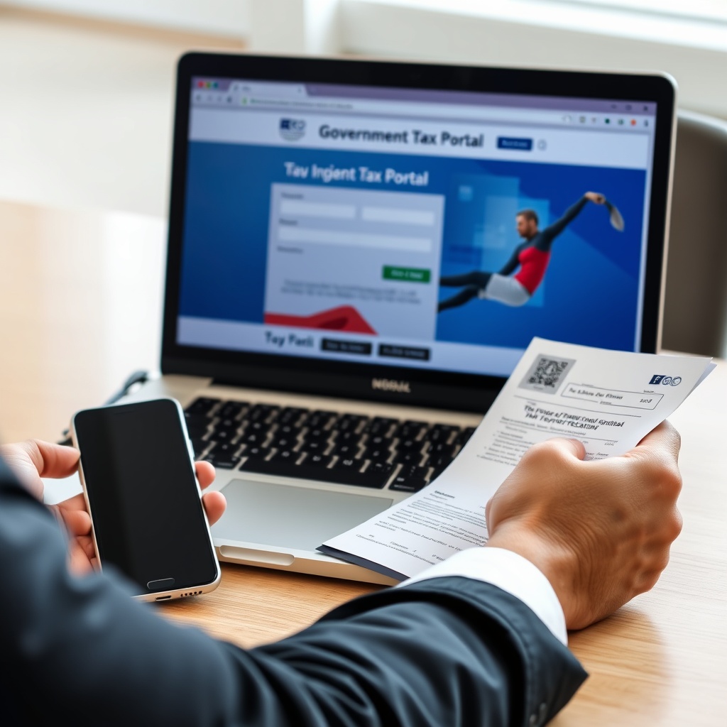 A professional stock photo of a person at a desk with a laptop open to a government tax portal website, holding identification documents, with a smartphone displaying a confirmation screen nearby, in a clean modern office setting.