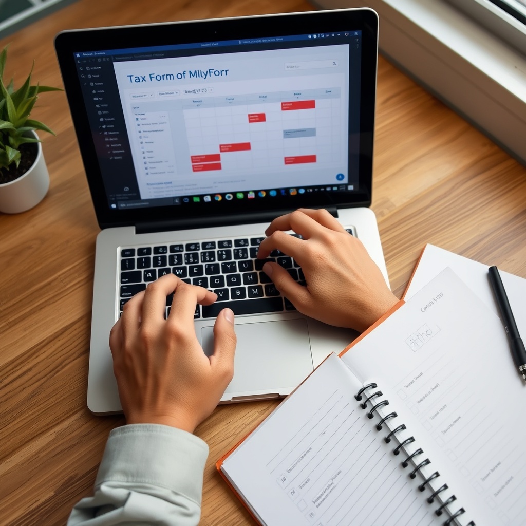 A professional stock photo of hands typing on a laptop keyboard with a digital tax form and calendar with highlighted deadlines visible on the screen, alongside a notebook with checklists and a pen, in a well-lit workspace.