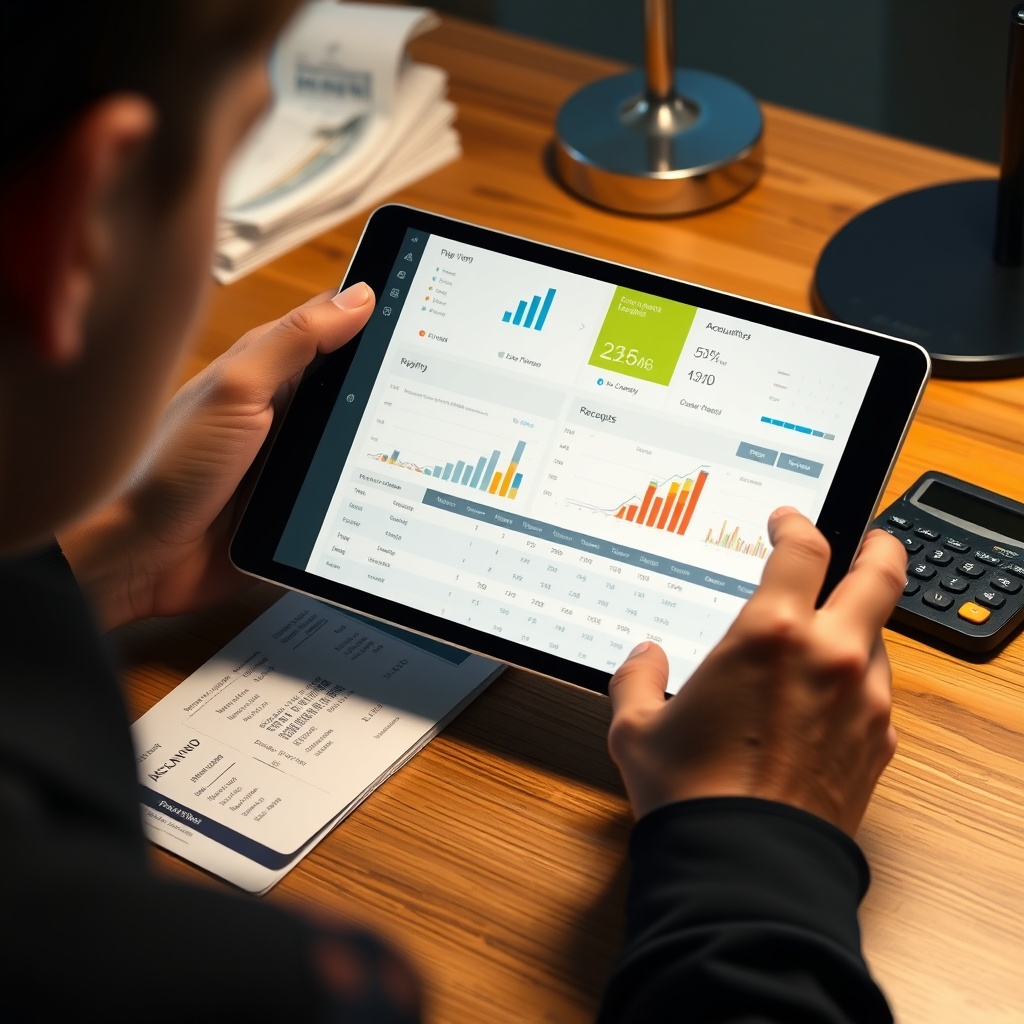 A professional stock photo of a person using a tablet to view a dashboard of accounting software with charts and expense categories, with receipts neatly organized on a desk next to a calculator.