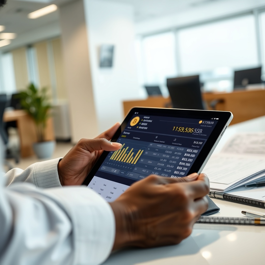 Professional stock photo of a person analyzing cryptocurrency mining and staking rewards on a digital tablet, with a clean modern office background in Kigali, Rwanda, focusing on income calculation and tax documents.