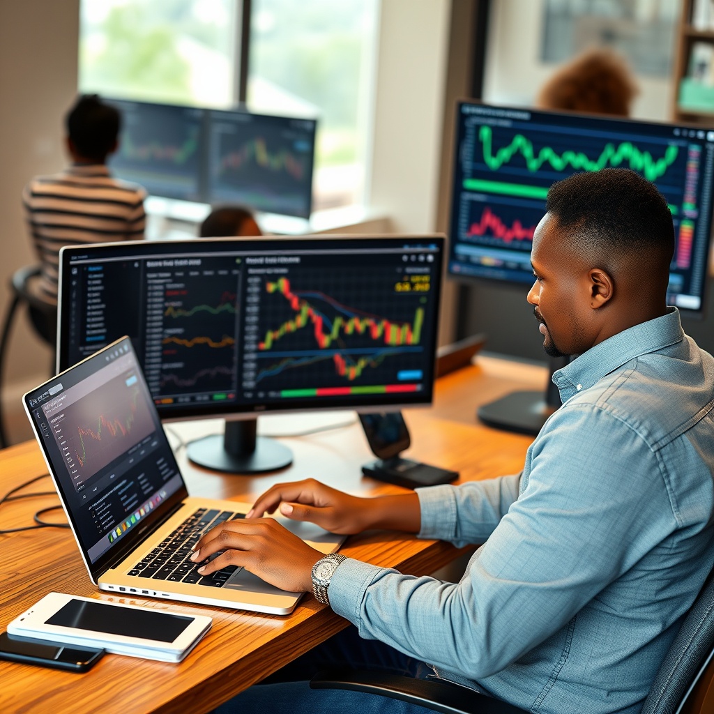 Professional stock photo of an expat using crypto tax software on a laptop in a contemporary Rwandan co-working space, with charts and transaction data displayed on a second monitor.