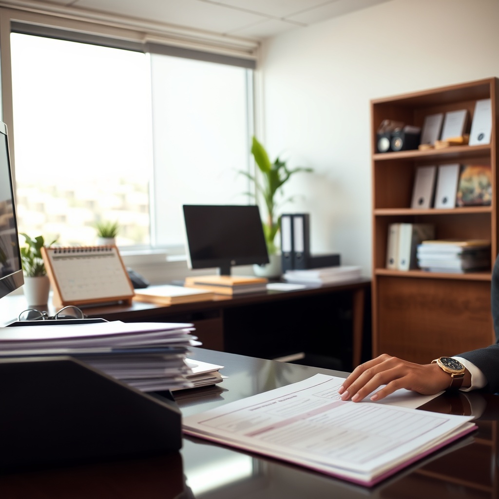 Professional stock photo of a person organizing crypto transaction records and audit documentation on a desk in a bright, professional office setting in Rwanda, with a calendar and filing system visible.