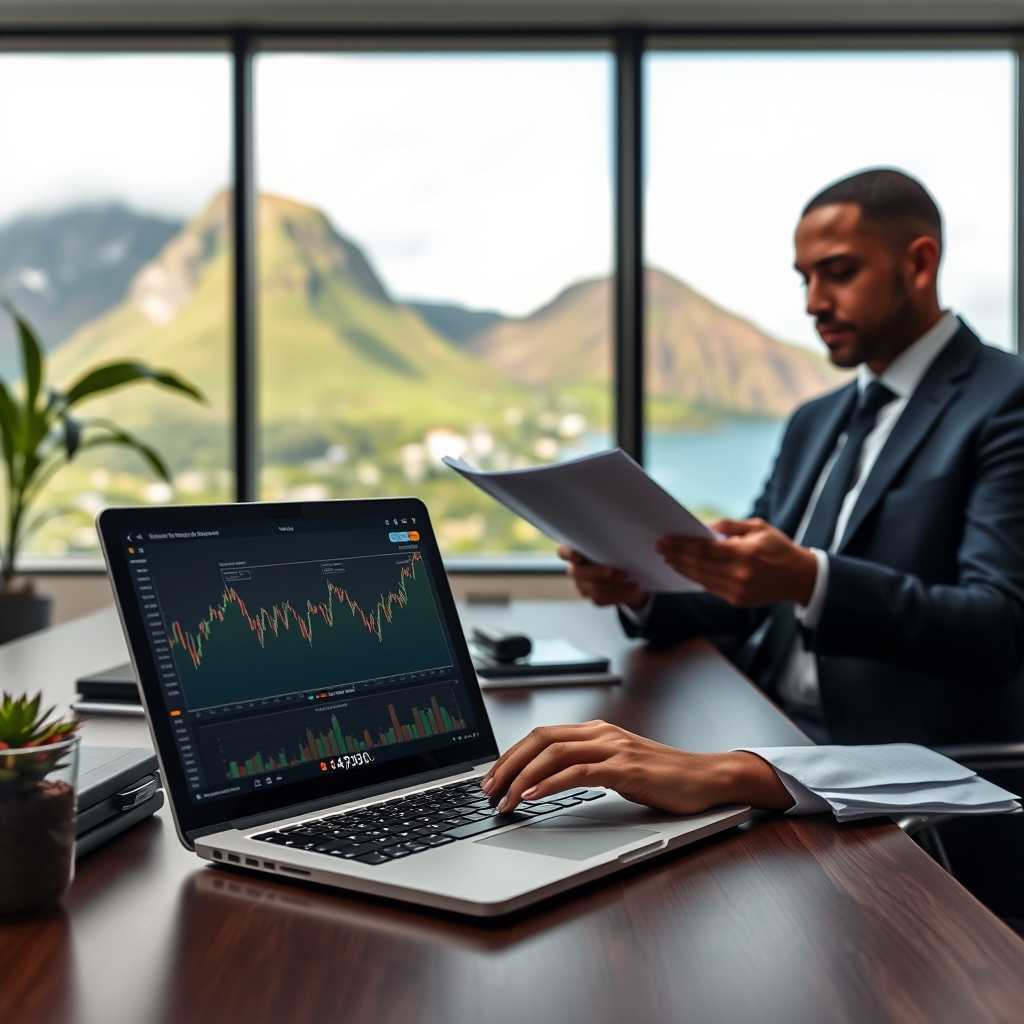 Professional stock photo of a modern office with a laptop displaying cryptocurrency charts, a person in business attire reviewing documents, and a backdrop of Saint Kitts and Nevis landscape, symbolizing corporate crypto taxation structures.