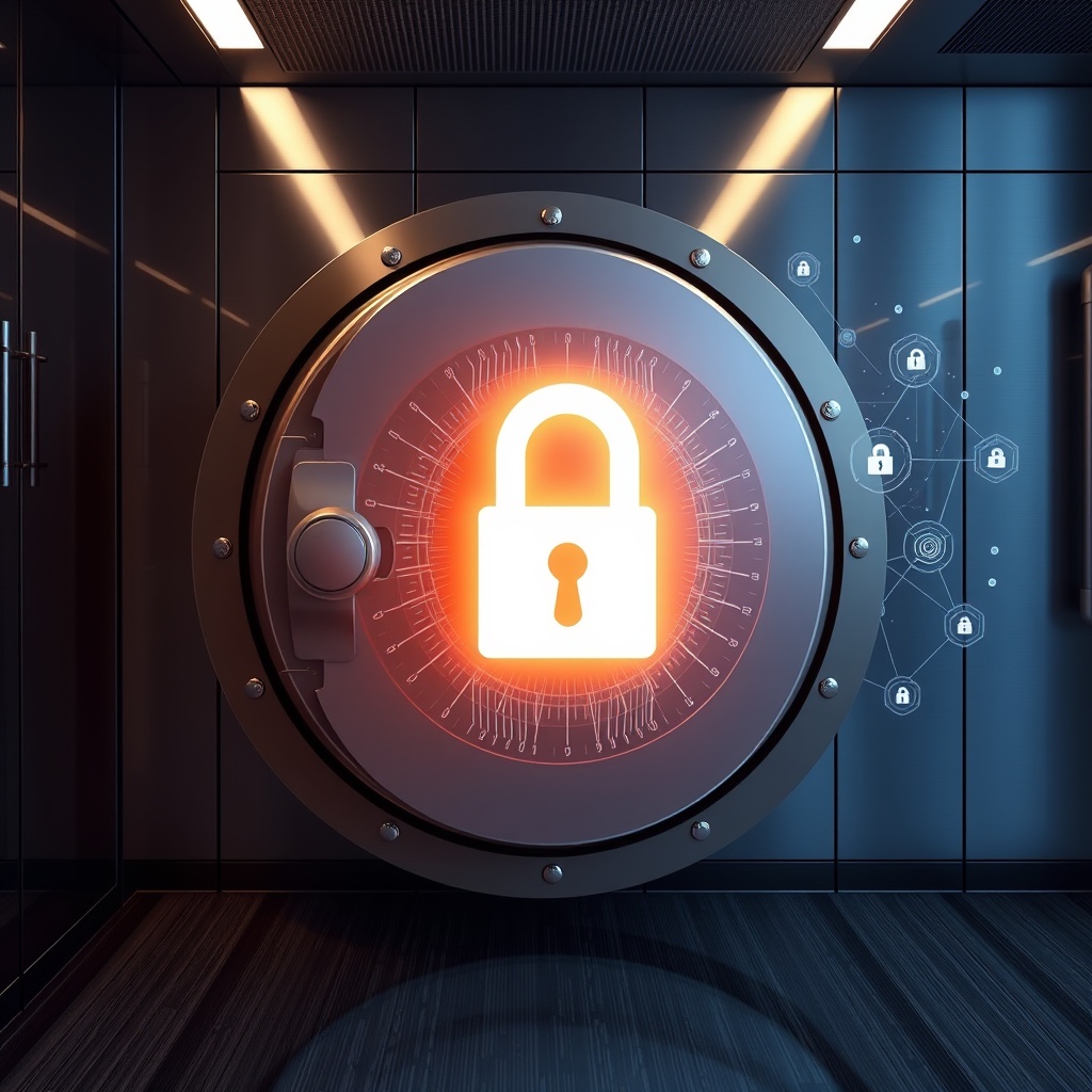 Professional stock photo of a secure vault or safe deposit box in a sleek, modern financial institution, with digital padlocks and blockchain visualizations subtly integrated, representing asset protection strategies.