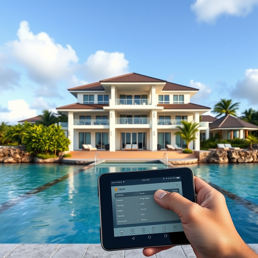 Professional stock photo of a luxury beachfront property in Saint Kitts and Nevis, with a tablet or smartphone showing a cryptocurrency wallet interface, illustrating real estate investment using digital assets.