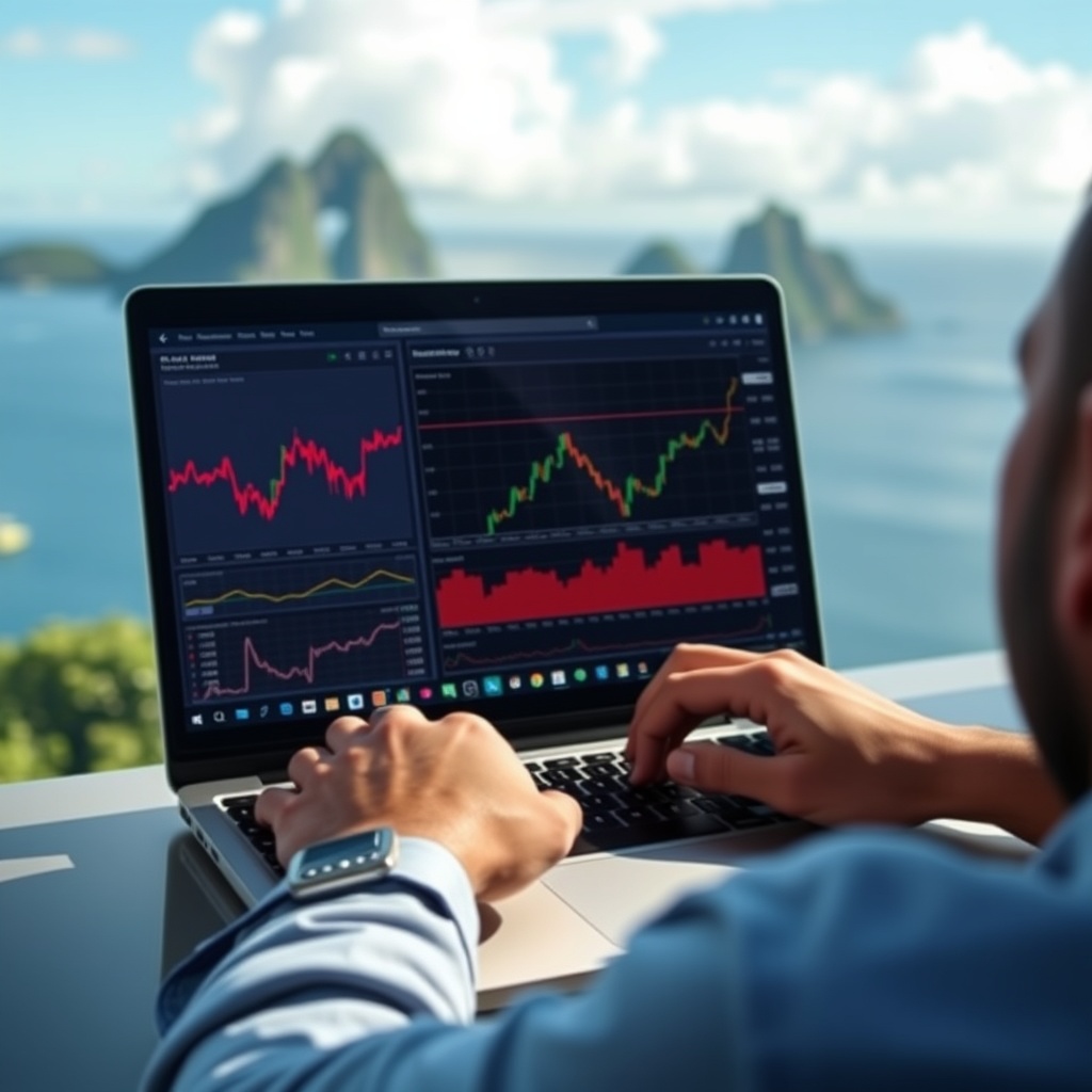 Professional stock photo of a person analyzing cryptocurrency charts on a laptop with a scenic view of Saint Lucia's coastline in the background, focusing on investment strategy and digital asset management.