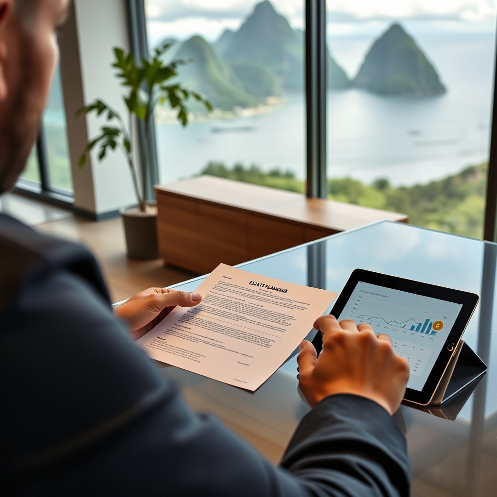 Professional stock photo of a person reviewing estate planning documents on a desk with a tablet displaying cryptocurrency portfolio graphics, set in a modern office overlooking Saint Lucia's landscape.
