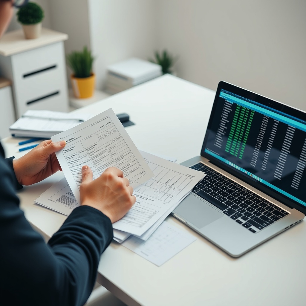 Professional stock photo of a person carefully organizing financial documents and tax forms with a laptop showing crypto transaction logs, emphasizing compliance and accuracy in a clean workspace.