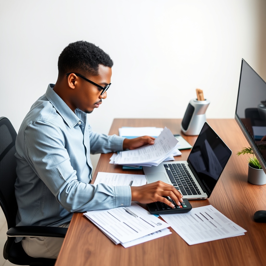 Professional stock photo of a focused freelancer in Saint Lucia organizing financial documents and receipts on a modern desk with a laptop, calculator, and tax forms visible, natural daylight office setting, clean composition.