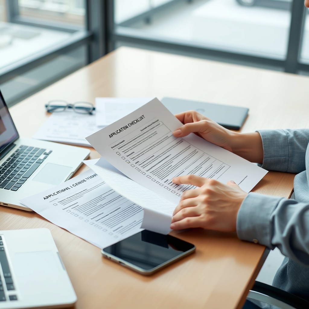 Professional stock photo of a person carefully reviewing a detailed checklist and application documents on a modern desk, with a laptop and smartphone nearby, representing the step-by-step process of obtaining a crypto license.