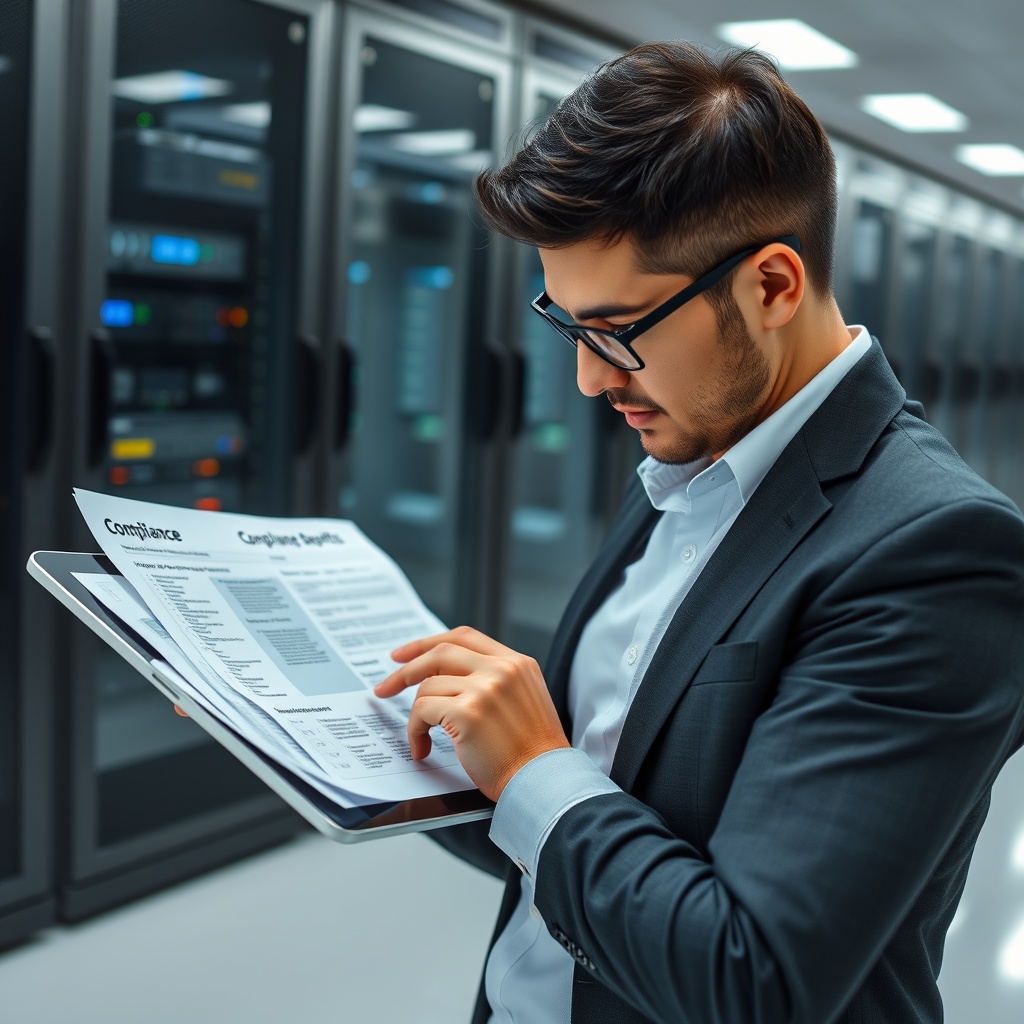 Professional stock photo of a businessperson analyzing compliance reports and regulatory documents on a digital tablet, with a secure server room visible in the background, symbolizing regulatory compliance and reporting obligations.