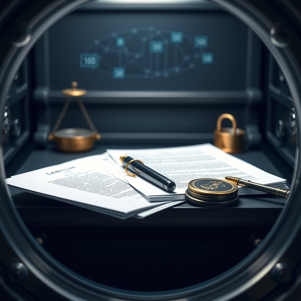 Professional stock photo of digital assets and legal documents arranged in a secure vault setting, with subtle blockchain visual elements in the background, representing asset protection and legal considerations.